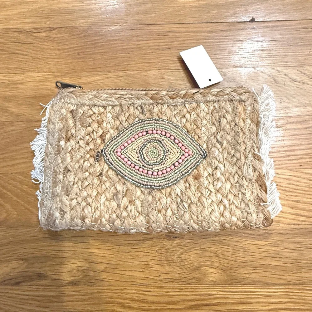 Maison Boho Jute Evil Eye Beaded Fringe Clutch Pouch Tan‎ White